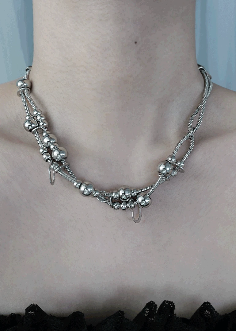 ball heart layered necklace | 하트 실버볼 체인 레이어드 목걸이