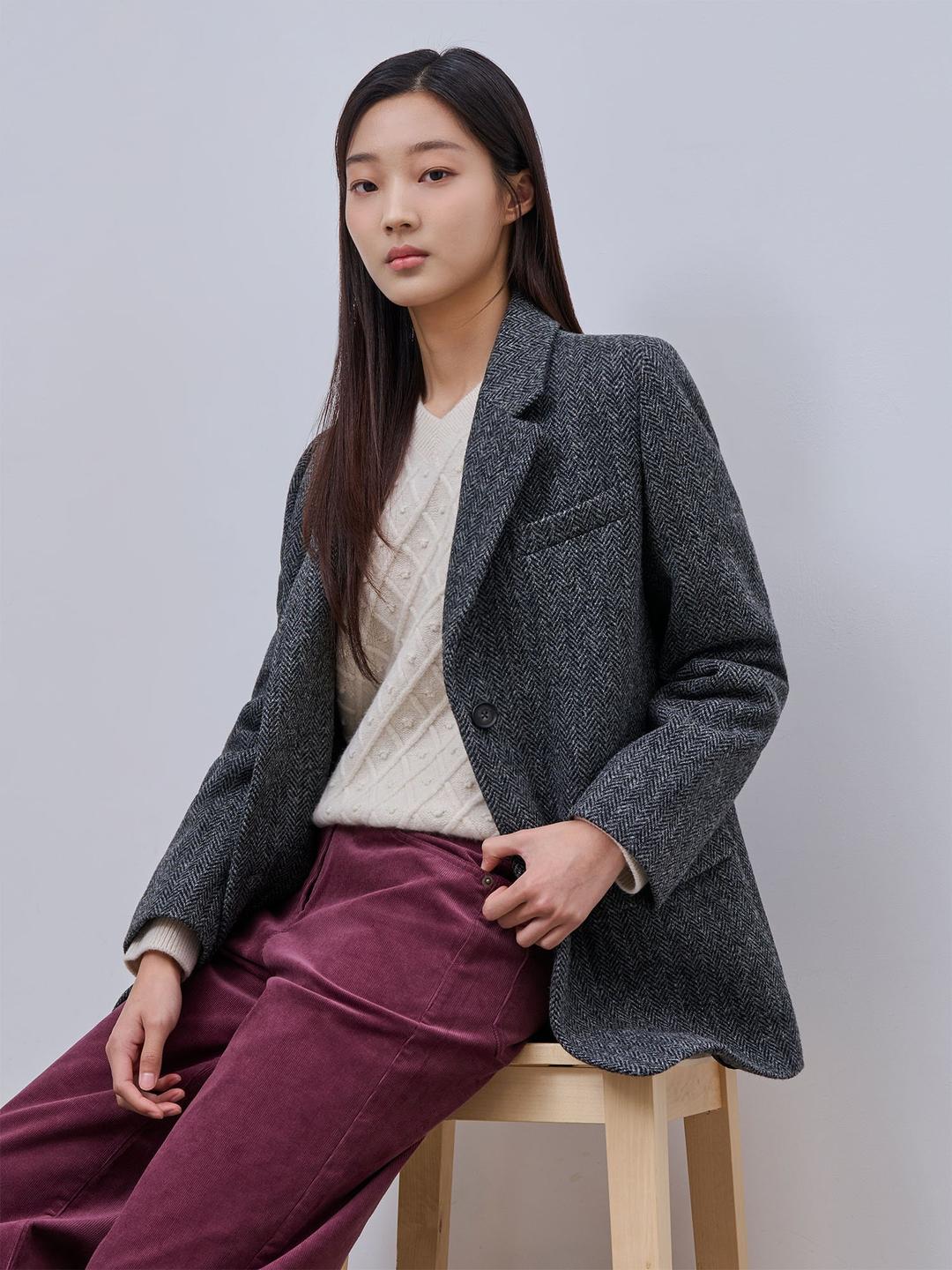 해리스 트위드 세미 오버핏 재킷 - 애쉬