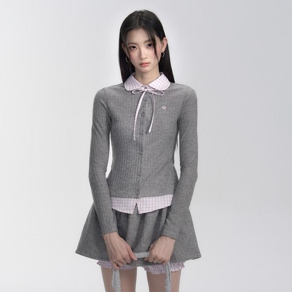 Pink Check Fake 2-Piece Cardigan & Skirt Pants Set