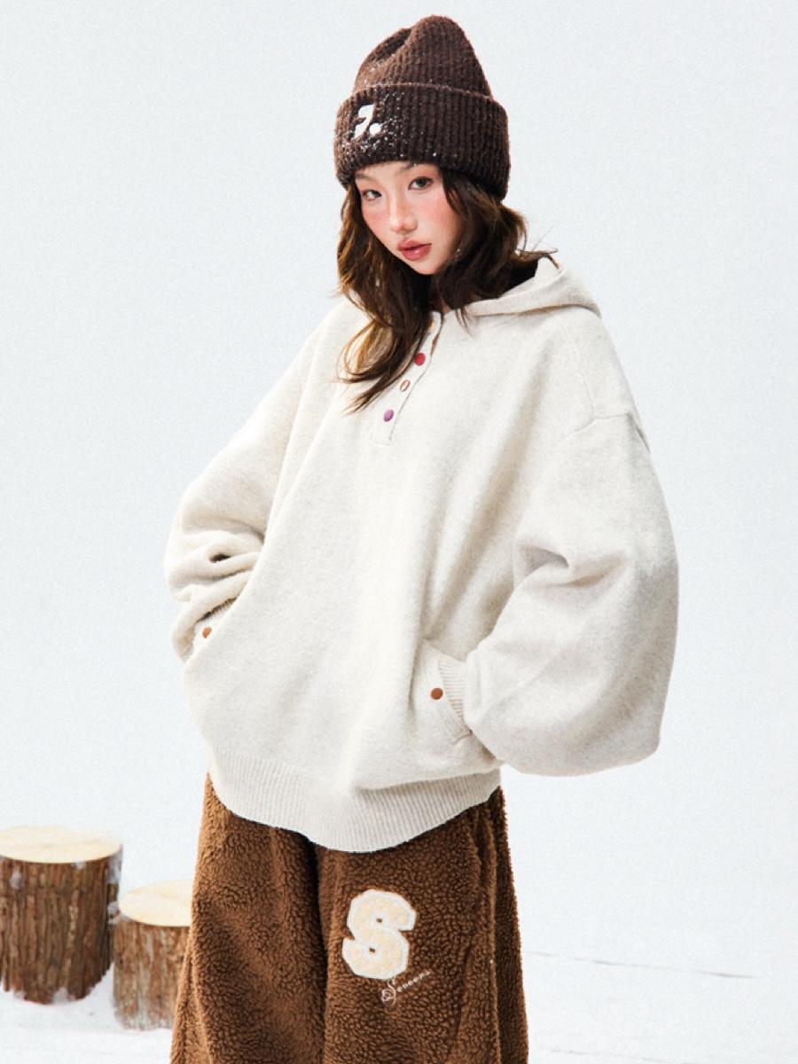 YOUNG STAGE Snowy Button Henley Hoodie