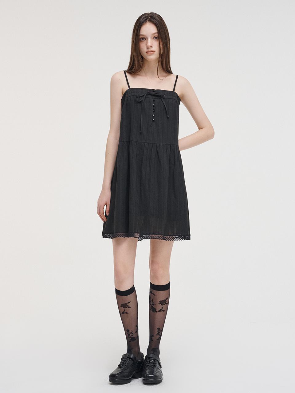 Slip Button Lace Mini Dress, Black