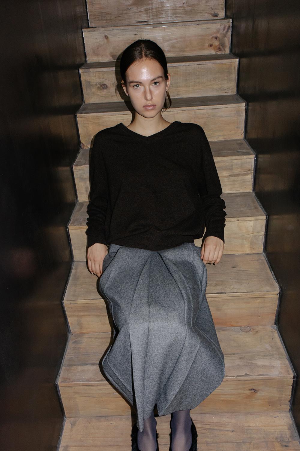 Wool Pleats Skirt_Melange Gray