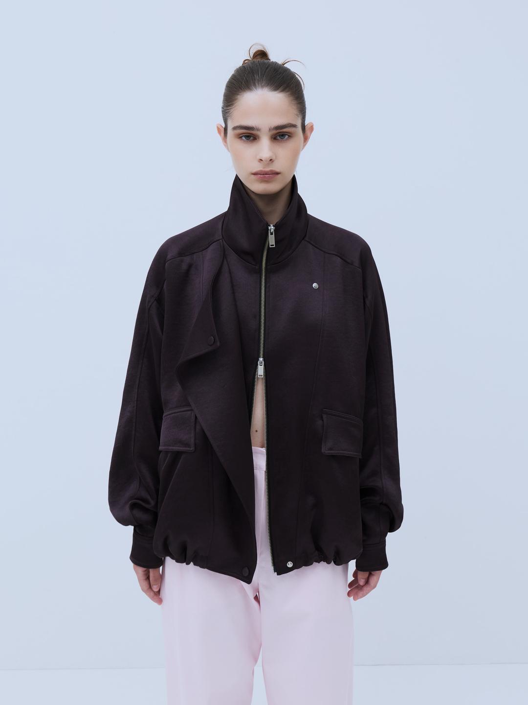 ENIF Oversized panel satin bomber jacket Eggplant
