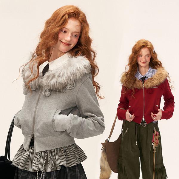 Rosette Fur Collar Sweat Jacket