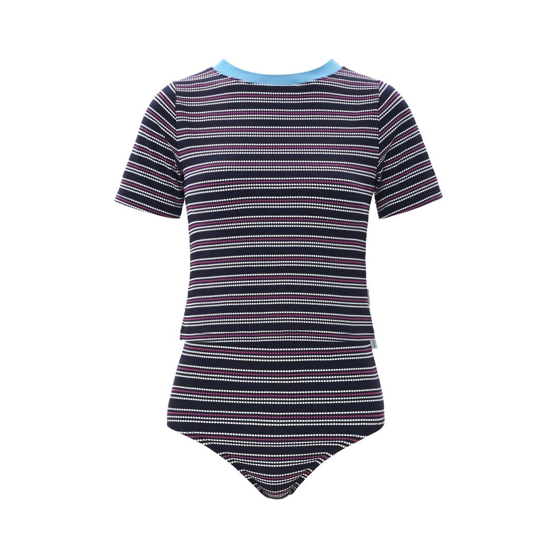 풀타임 반팔 티셔츠 비키니 탑 + 하이웨이스트 바텀 버블 스트라이프