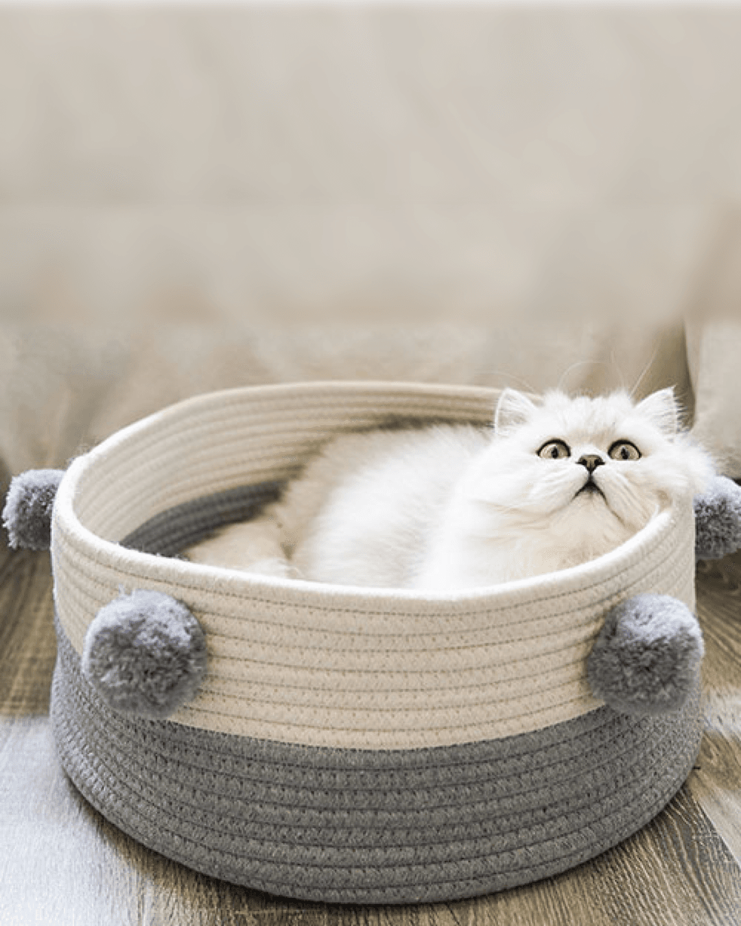 방울달린 바구니 캣 하우스 (화이트 그레이 투톤)