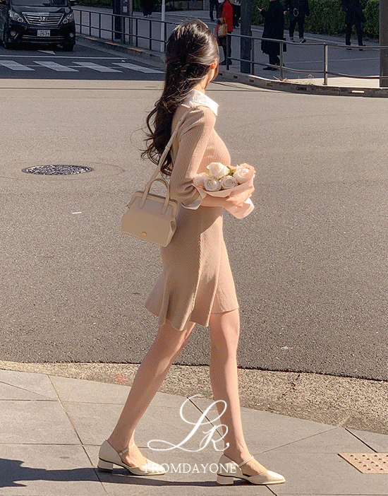 프롬데이원 Made)핀터 셔츠 레이어드 니트원피스(일체형/배색/카라/브이넥/플레어/A라인/허리잘록핏/데일리룩/데이트룩)