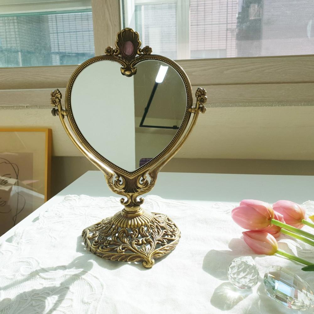 하트 황동 빈티지 앤틱 엔틱 빈티지 탁상 스탠드 화장대 거울 소품 국산