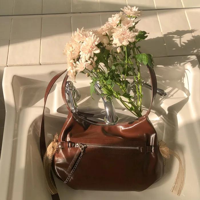 Belted ribbon bag_chocolate brown