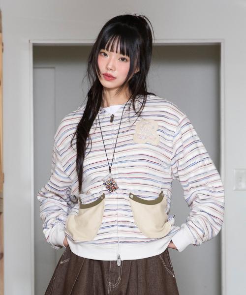 WXJ047 하루아토 아플리케 스트라이프 후드 집업 (IVORY)