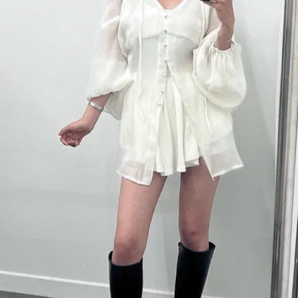 [세트가할인] 롱블라우스셋업 콩단추블라우스 캉캉치마바지 레이어드면반바지 여신셋업 분위기압살 2color