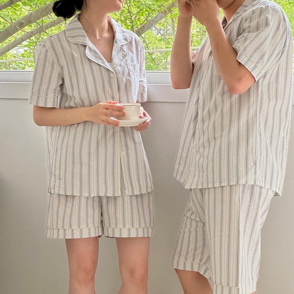 여름 반팔잠옷 커플잠옷 셔츠형 스트라이프 부모님잠옷
