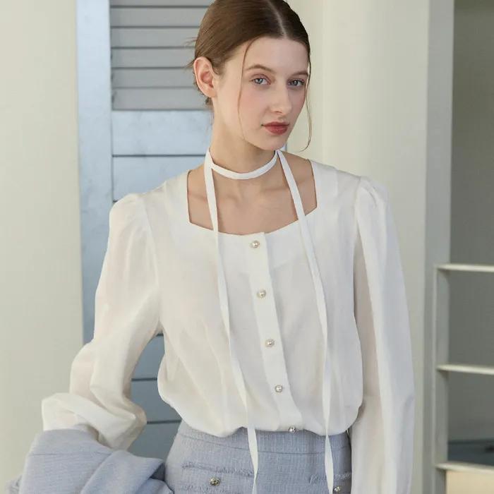 Ribbon Tie Square Neck Blouse - White