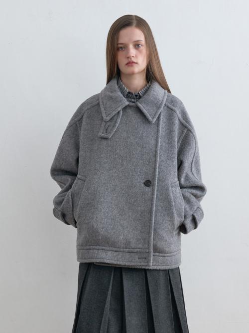Wool High Neck Half Coat Melange Grey