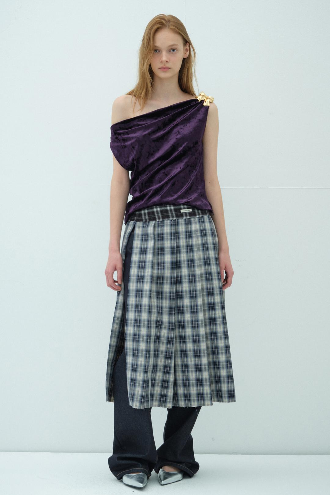 CHECK LAYERED WRAP SKIRT_NAVY