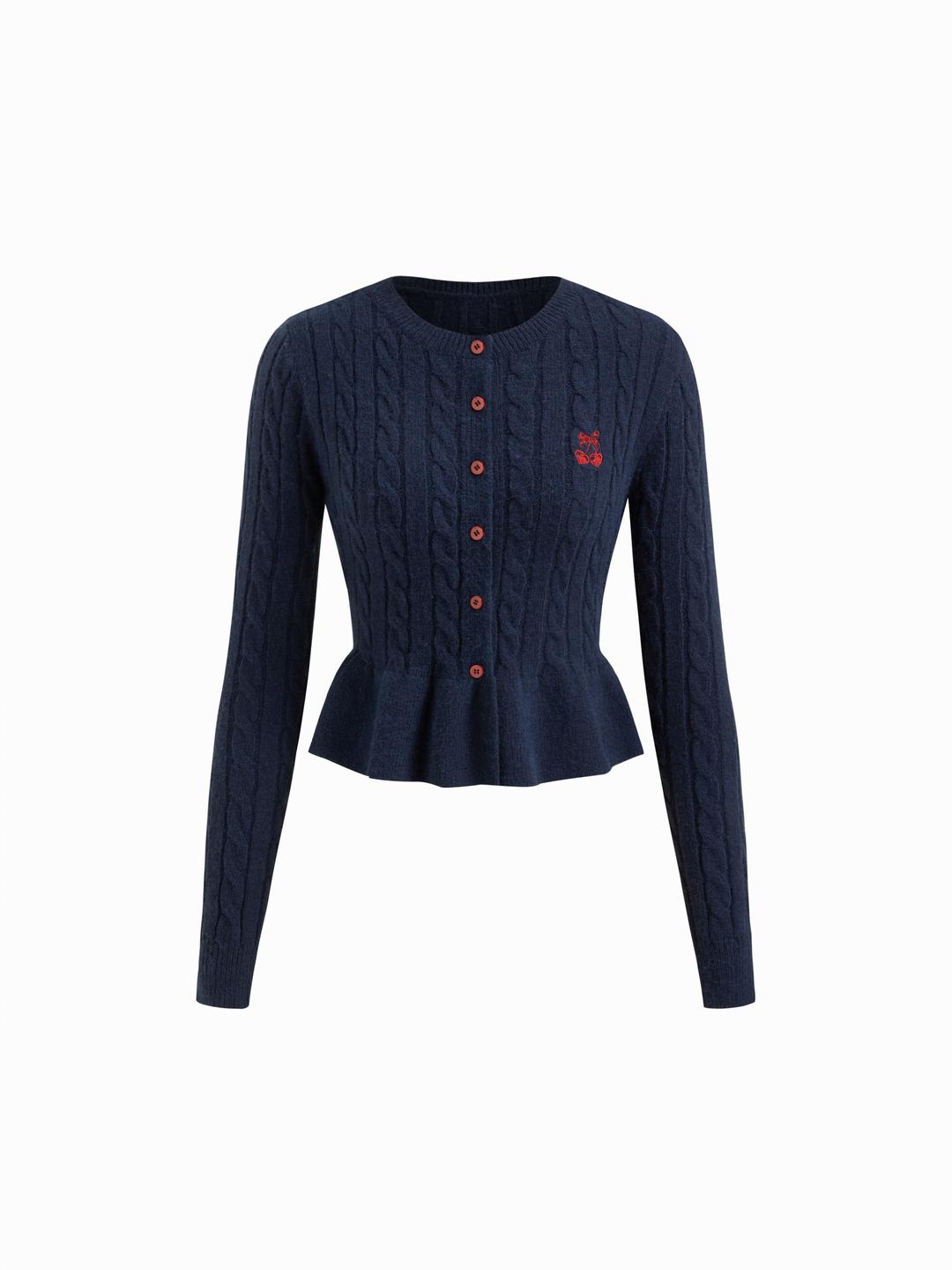 Cable Knit Cherry Embroidery Long Sleeve Ruffle Hem Top