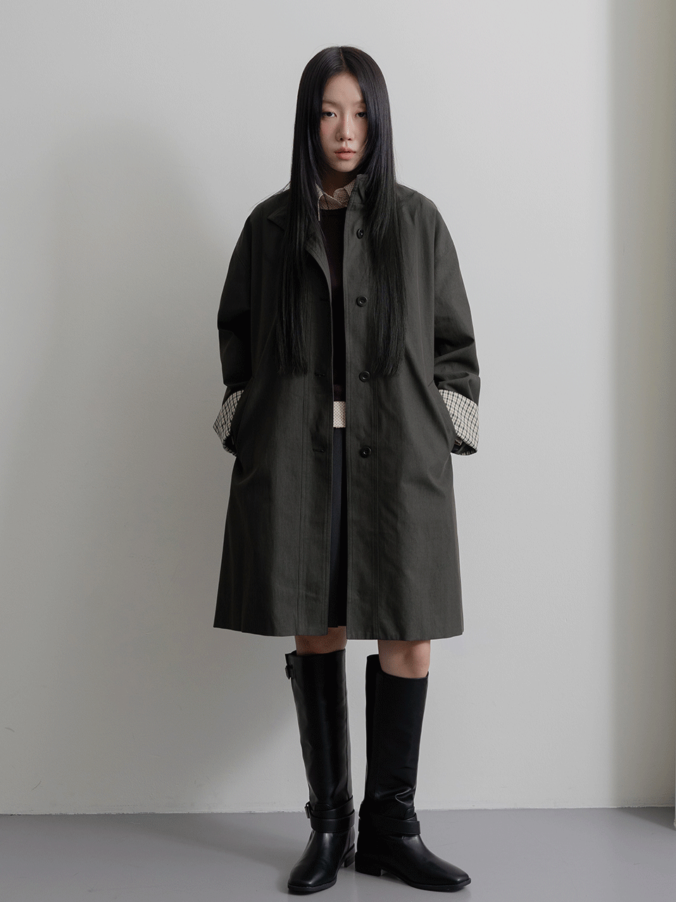 CONTRAST CHECK TRENCH COAT (1COLOR)