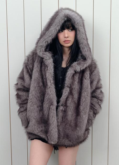 KOA HOOD FUR JACKET / GRAY