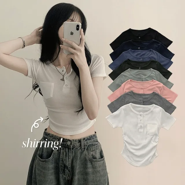 [허리한줌핏🤍] 골지무지 슬림핏 또또 스냅단추 포켓 굴림 반팔 셔링 크롭티셔츠