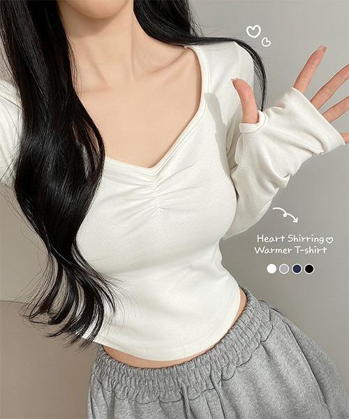 [여리하트넥🩶핸드워머] 쫀쫀 셔링 하트넥 핸드워머 밑단 굴림 크롭 데일리 이너 긴팔 티셔츠(4color)