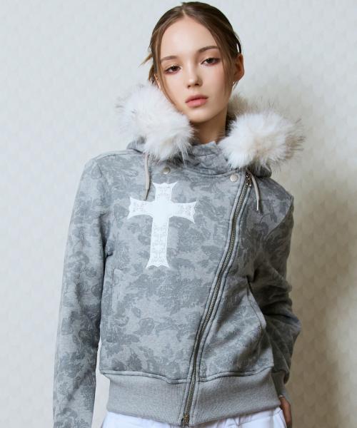 GT FUR UNBALANCE HOOD ZIP UP(GRAY)