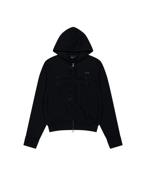 Cross Rhinestone Zip-Up Hoodie (Black)