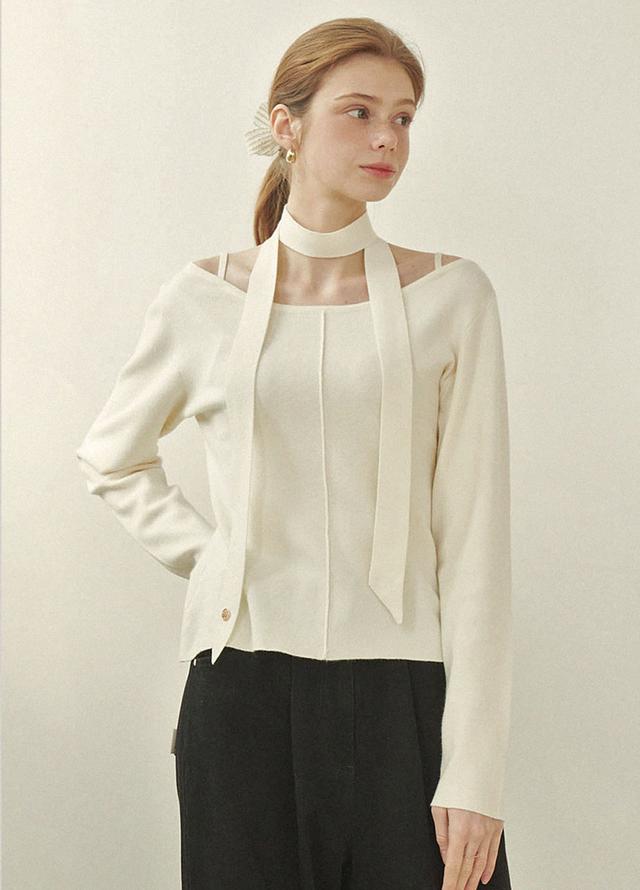 미케네 [44-120]  Harmonious Tie Set Slit Knit Ivory  하모니어스 타이 세트 슬릿 니트 아이보리 (봄/가을/하객룩/격식룩/로맨틱/출근룩/오피스룩/데일리룩/데이트룩/보트넥/타이/뒷슬릿/빅사이즈/자체제작)