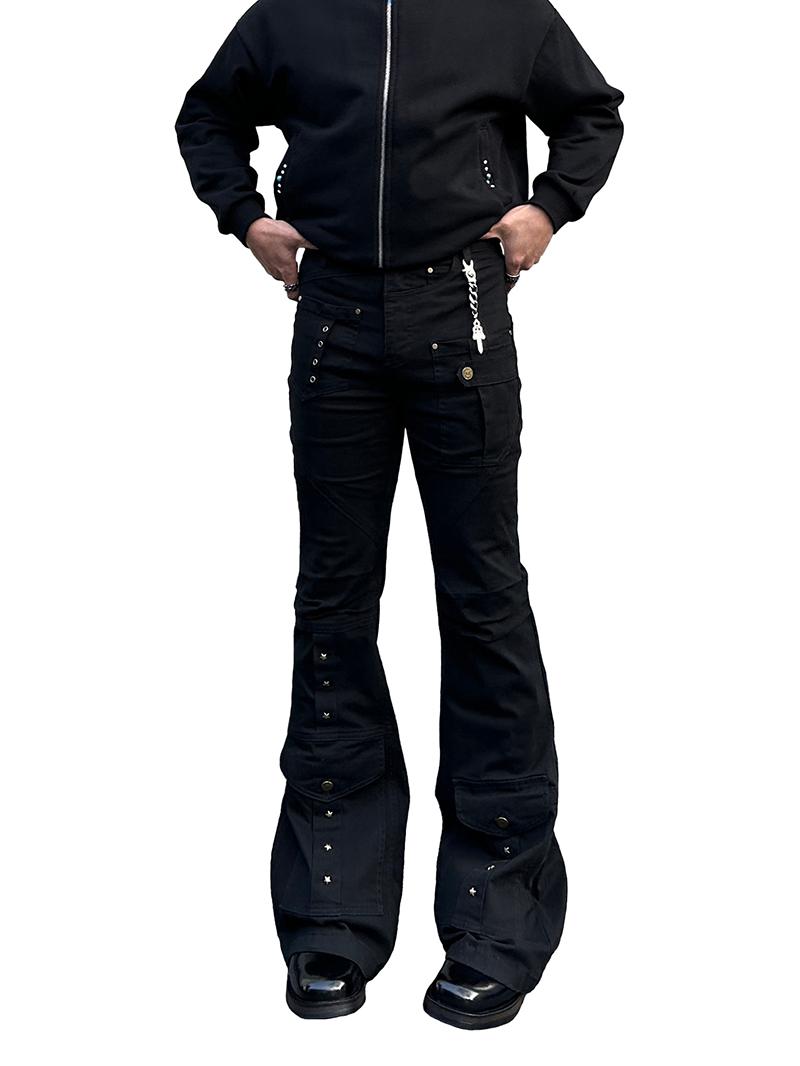 Metal Star Stud Multi Pocket Black Flared Pants