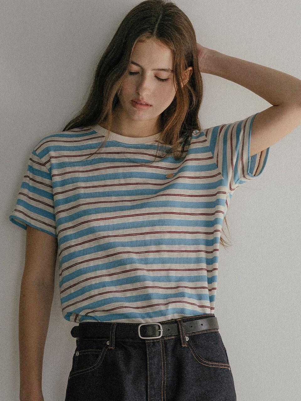 [사이즈 추가] Multi stripe T-shirt KNSS03TS29_Sky Blue