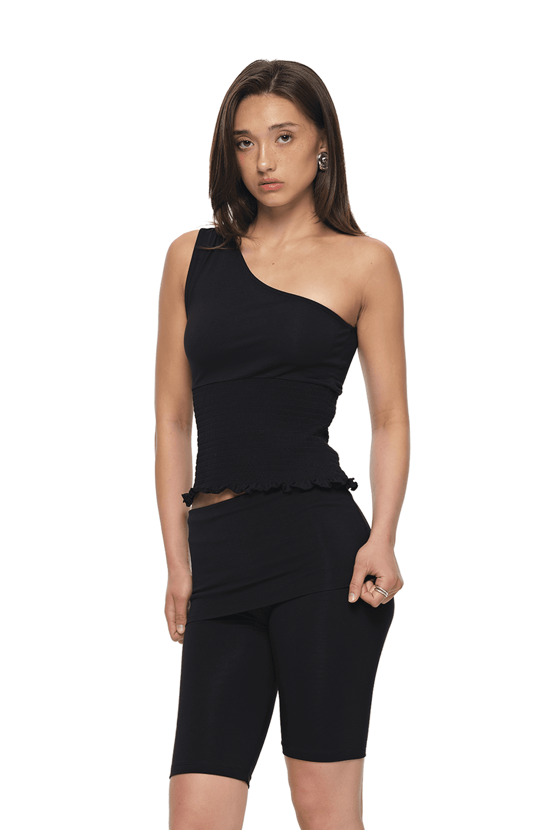 SMOCKED ONE SHOULDER TOP (BLACK)