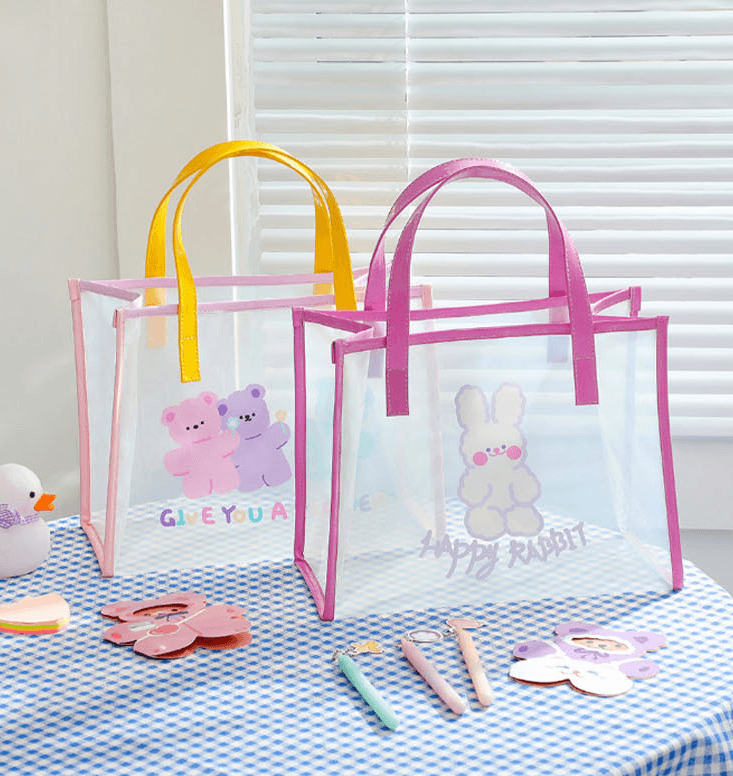 [2종] 곰돌이토끼투명백 스퀘어 래빗베어 큐트 비치백 메쉬 망사 그물 가방 수영장 비치백 모래놀이 물놀이 해변 여름가방 여성가방 신혼여행 여행가방 사각 손잡이가방 학생가방