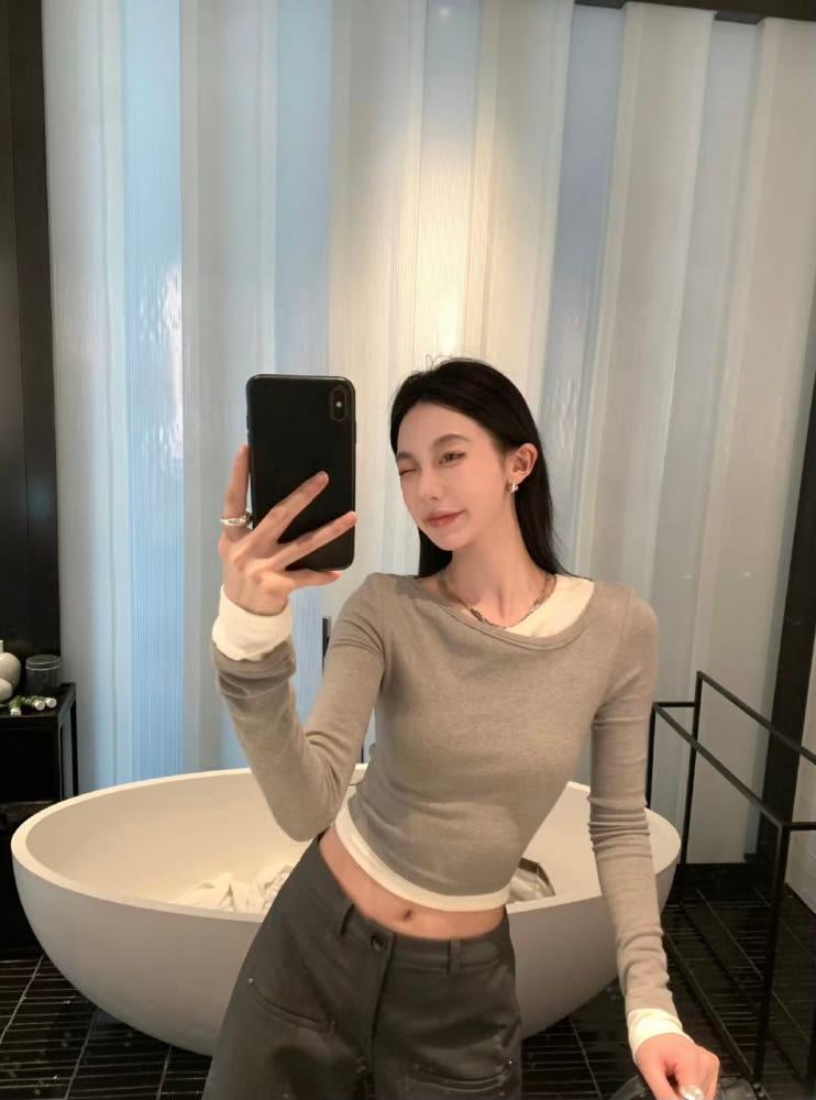 3COLOR 페이크 투피스 슬림 롱슬리브 탑