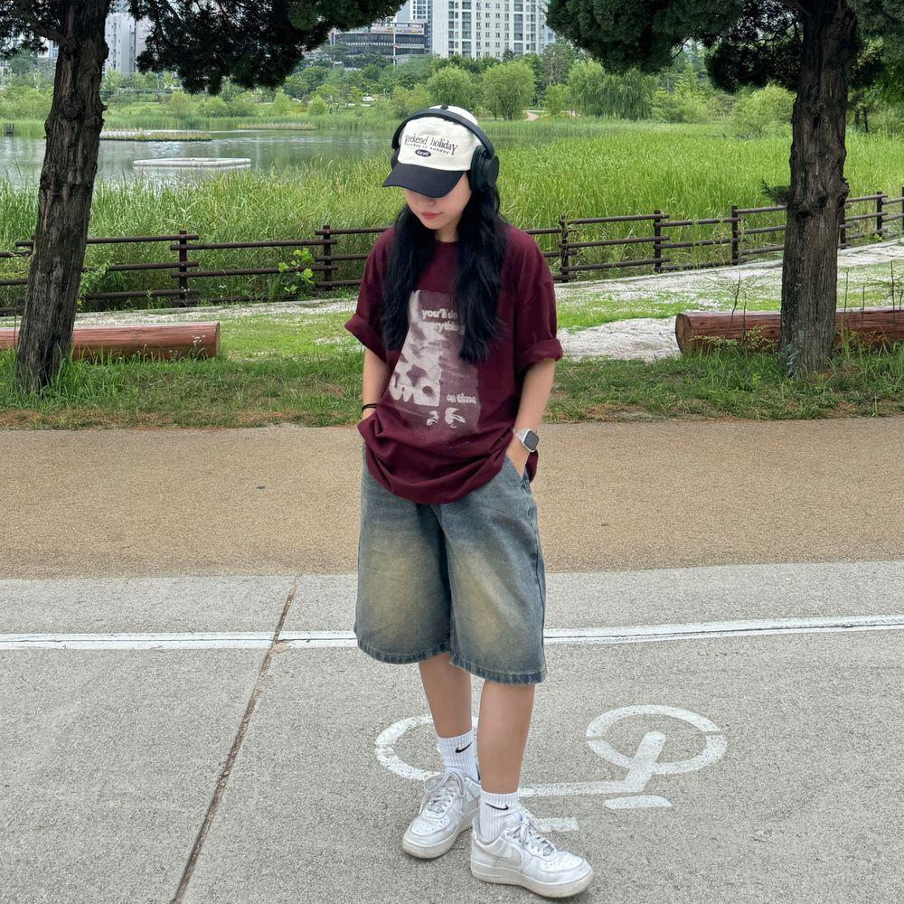 남여공용 온타임 빈티지 오버핏 스트릿  프린팅 힙한 반팔 티셔츠 커플 시밀러룩