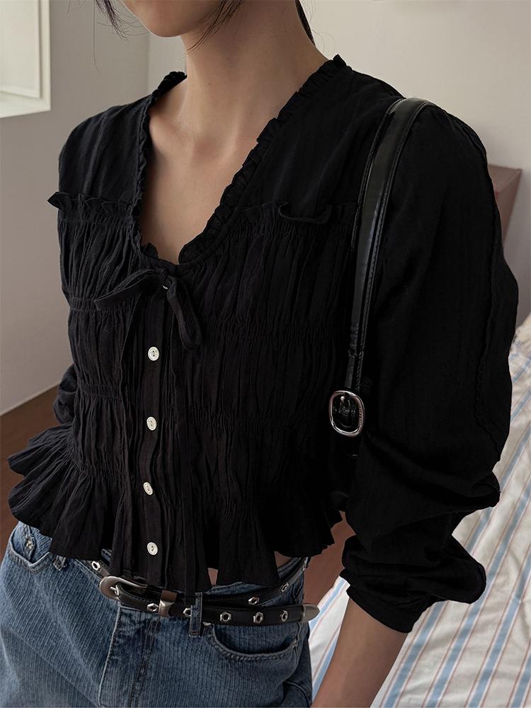 크렘므 세피아 프릴 블라우스