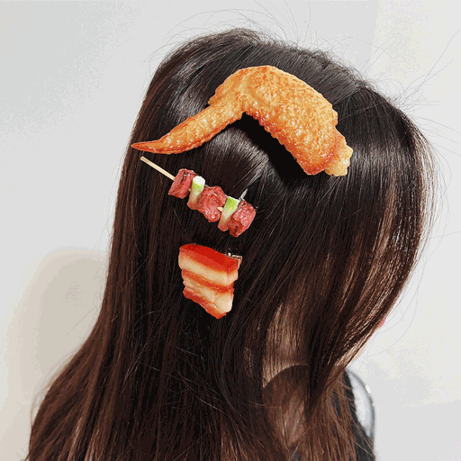 [당출/인싸템] 밥풀 닭날개 갈비 꼬치 치킨 헤어핀 쓸데없는 선물 입체 음식 모형 머리핀 가방장식 할로윈 삔