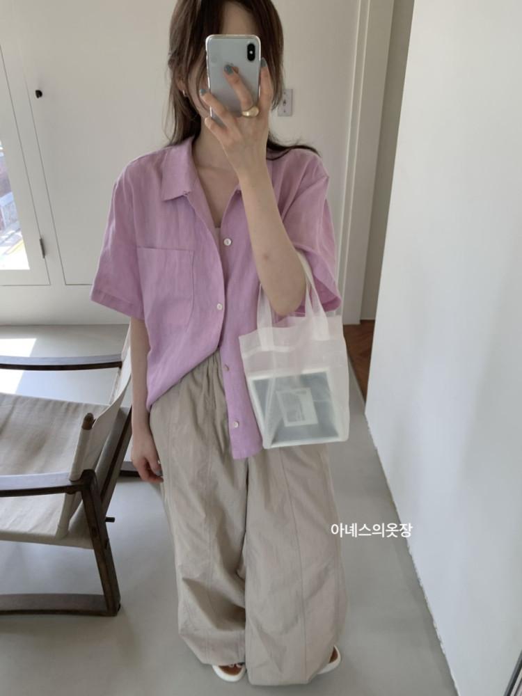 마레 린넨 오픈 카라 반팔 셔츠