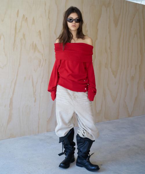 RIBBED HEM OFF-SHOULDER KNIT TOP RED