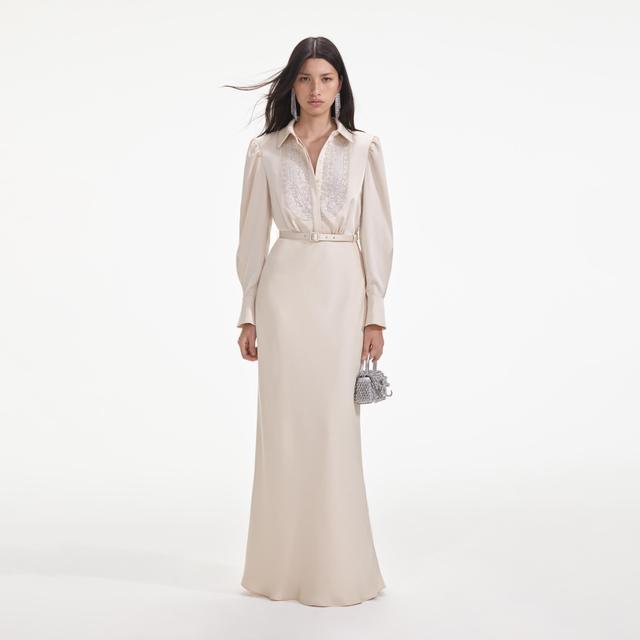 Cream Satin Embellished Bib Maxi Dress - UK 4