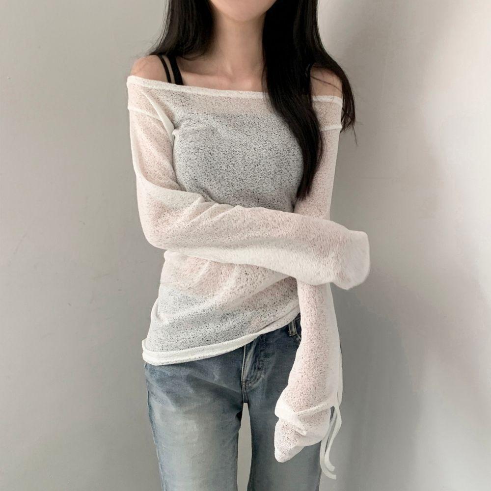 잇쇼제이 [2사이즈/쿨원단] 스트링 시스루 오프숄더 여름니트 루즈핏 여름긴팔니트