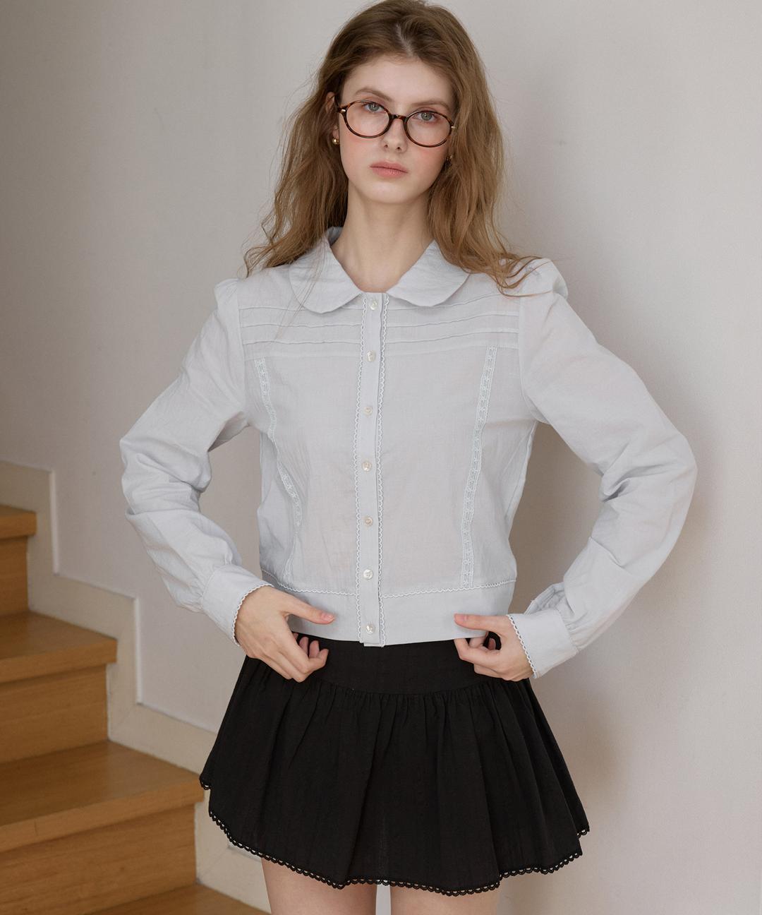 Lace Pintuck Shirt Blouse ( Sky Blue )