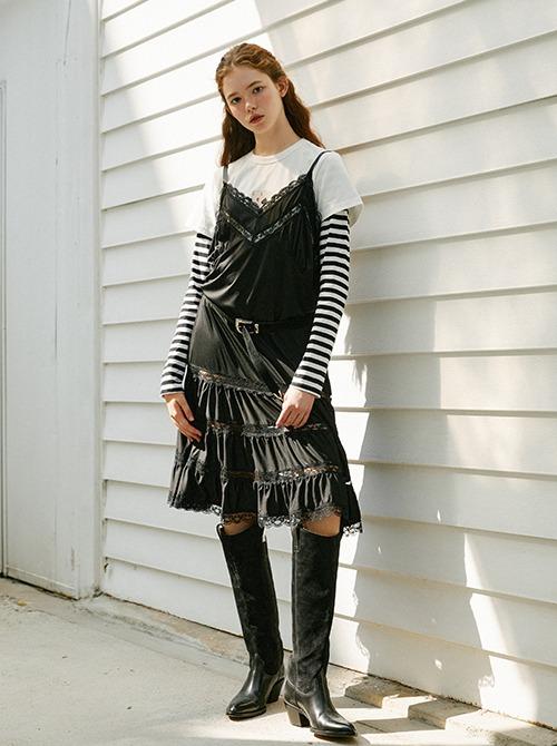 Shirring Lace Slip dress (Black)