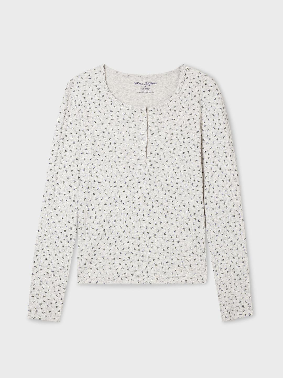 Eyelet Henry Neck Long Sleeve T-shirt