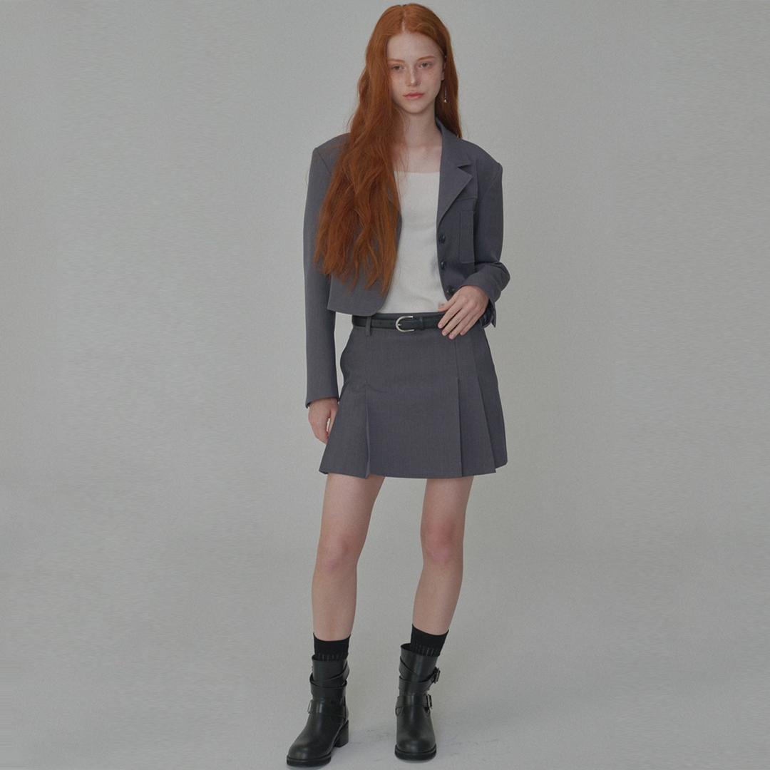 Set_Classic Tailored Short Jacket+Pleated Mini Skirt_Grey