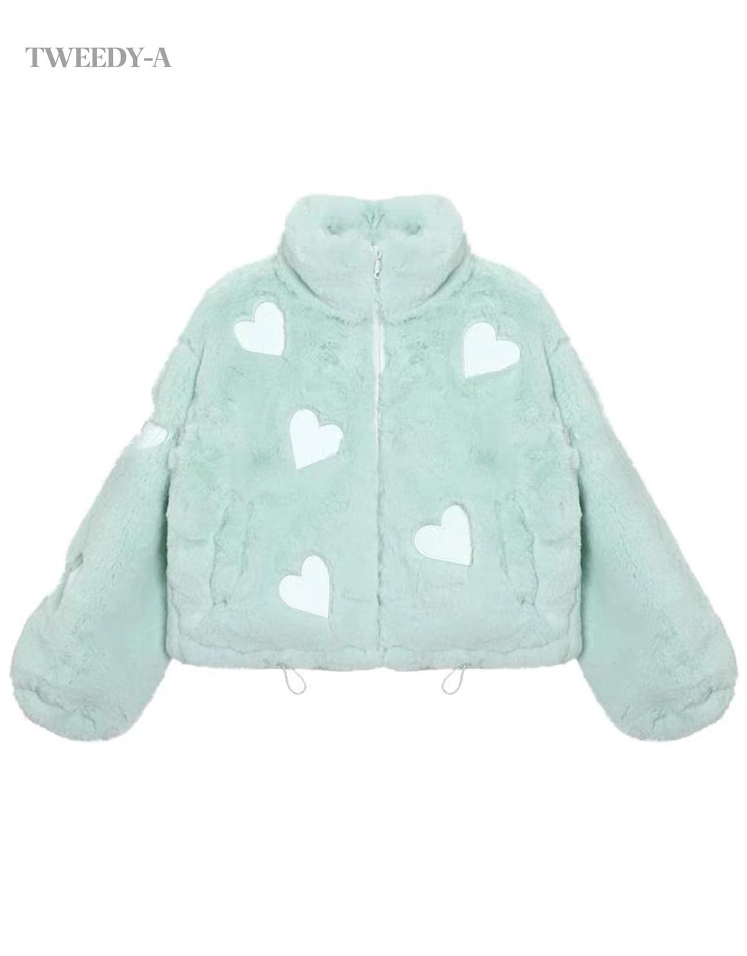 소프트 민트 하트 패턴 오버 넥 퍼 자켓