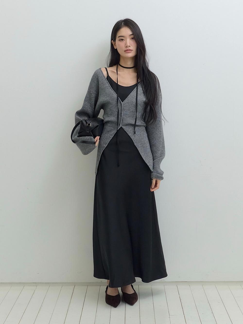 (MADE) 로즈 스트랩 새틴 롱 원피스 [black]