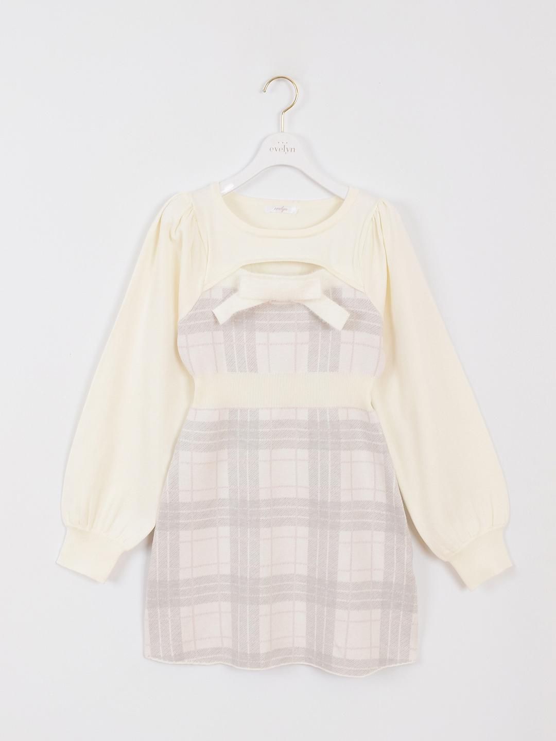 バストリボンチェックニットワンピース