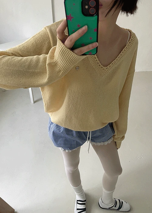 레슈 린넨 브이 니트 4col - butter