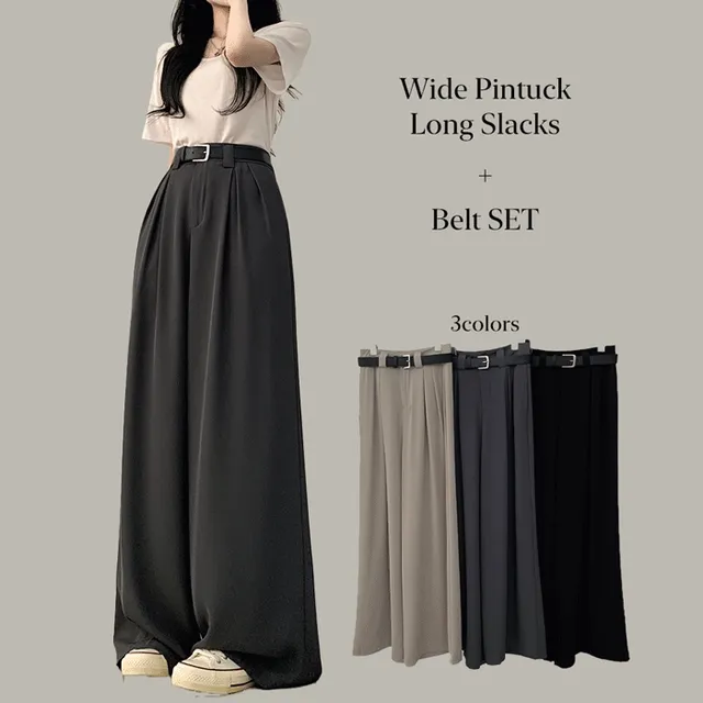 [벨트SET/봄여름슬랙스] 차르르~ 하체커버 모던 핀턱 롱 와이드 오버핏 슬랙스 팬츠 벨트셋업
