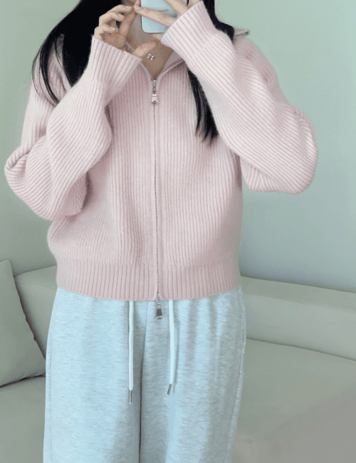 러체 [반응폭주] Marche knit zip-up 연핑크 카라 니트 집업