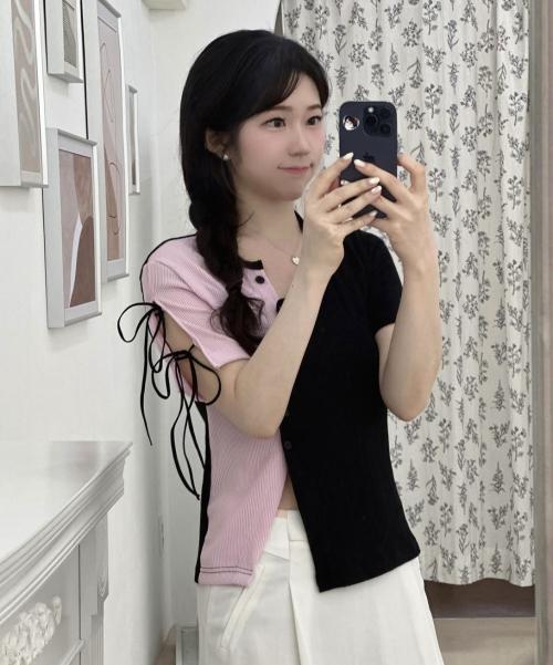 트임 리본 배색 반팔 티셔츠 (핑크)